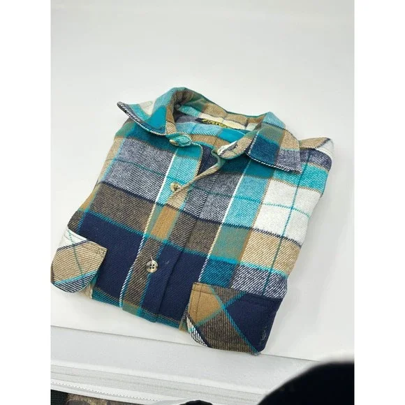 Vintage Private Property‎ Flannel Shirt Mens  M Blue Green Plaid Button Up Thick - Picture 4 of 15